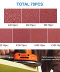 Assorted 70Pcs 140mm Triangle Sanding Pads For Mouse Detail Sander 6 Hole, showing various grit sandpapers and sander in use