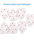 Assorted 70Pcs 140mm Triangle Sanding Pads For Mouse Detail Sander 6 Hole showing various grits labeled on the back.