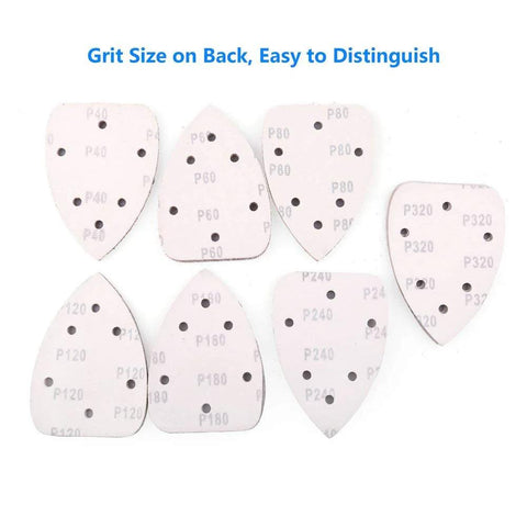 Assorted 70Pcs 140mm Triangle Sanding Pads For Mouse Detail Sander 6 Hole showing various grits labeled on the back.