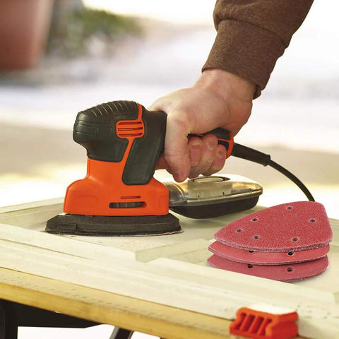 Assorted 70Pcs 140mm Triangle Sanding Pads For Mouse Detail Sander 6 Hole with palm sander tool in action