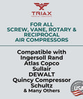 TRIAX Kompressor MV 46 / SAE 20 label showing compatibility with rotary, vane, screw, and reciprocal air compressors.