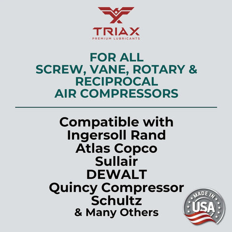 TRIAX Kompressor MV 46 / SAE 20 label showing compatibility with rotary, vane, screw, and reciprocal air compressors.