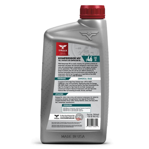 Back label view of TRIAX Kompressor MV 46 / SAE 20 - Full Synthetic, Multi-Vis Air Compressor Oil - Commercial Grade, 1 Quart bottle.