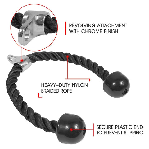 Tricep Rope Attachment For Gym Machines 27 Inch Nylon Braided Rope With Stainless Steel Carabiner And Chrome Plated Connector.