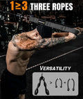 Man using tricep rope cable attachment handles for greater range of motion on tricep pushdowns in gym setting, promoting versatility.