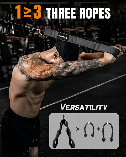 Man using tricep rope cable attachment handles for greater range of motion on tricep pushdowns in gym setting, promoting versatility.