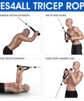 Illustration of exercises using Tricep Rope Attachment For Gym Machines 27 Inch Nylon Braided Rope With Stainless Steel Carabiner.