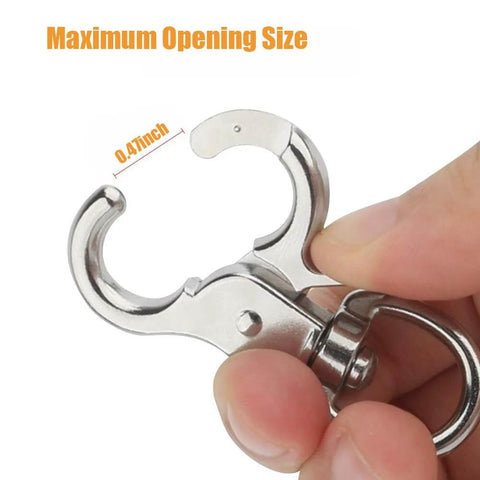 Close-up of 10 Pack Trigger Snap Hooks 2.32 Inches By 0.82 Inches Heavy Duty Swivel Metal Clasps with open clasp showing 0.47 inch size