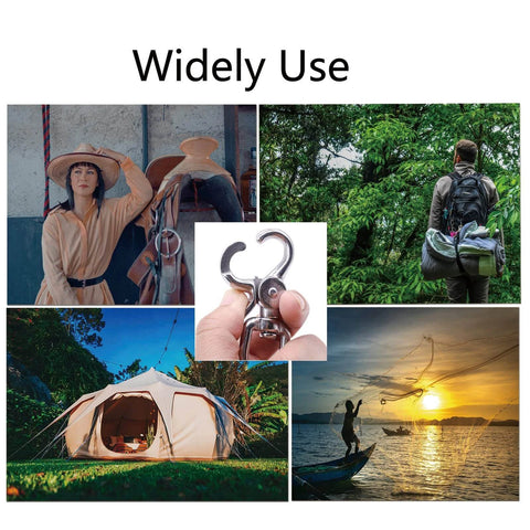 2 Pack Trigger Snap Hooks in use for bags, outdoor camping gear, and pet leashes, showcasing heavy-duty 316 stainless steel reliability.