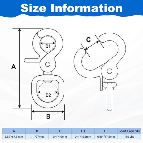Diagram of Heavy Duty Trigger Snap Hooks 2.65 Inch 5 Pack Stainless Steel 316 Lobster Claw Clasps with dimensions and load capacity