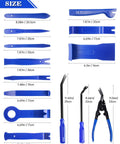 19Pcs Trim Removal Tool Kit For Car Panels Dashboards Doors And Audio Systems Pro Grade Plastic Pry Tools And Fastener Remover Pliers Set by Poraxy, showing all tools with measurements.