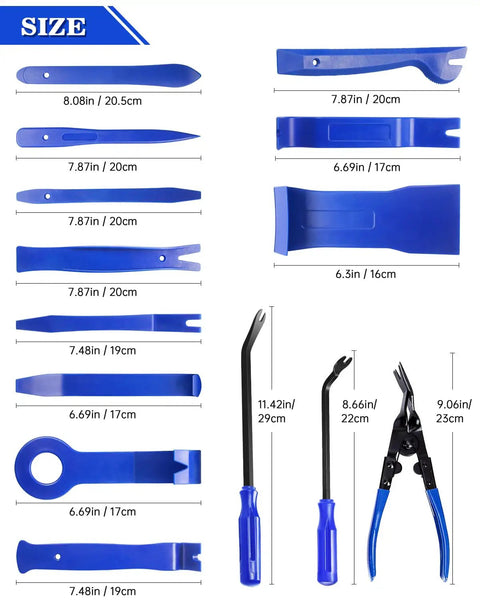 19Pcs Trim Removal Tool Kit For Car Panels Dashboards Doors And Audio Systems Pro Grade Plastic Pry Tools And Fastener Remover Pliers Set by Poraxy, showing all tools with measurements.