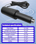 Trim Tab Actuator For Air Boats 12V Short Duty, Two And A Quarter Inch Stroke with technical specifications displayed
