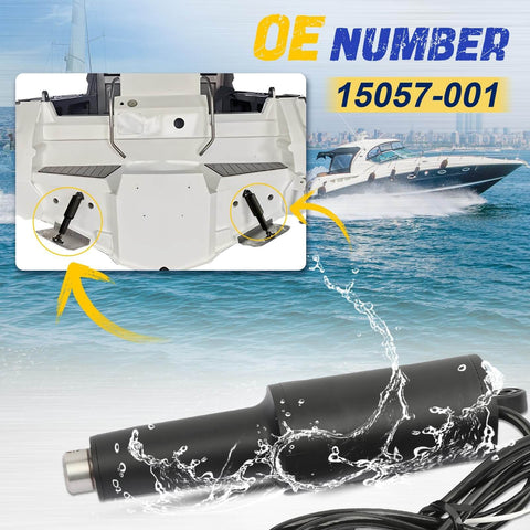 Trim Tab Actuator for 2009 and Newer Air Boats Short Stroke Two and a Quarter Inch, 12V, 6 Ft Cable shown with marine boat.
