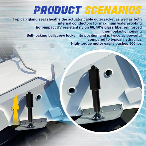 15060 001 Trim Tab Actuator 12V with waterproof connections on boat, close-up of high torque motor for trolling tab systems