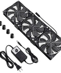 Three 120mm Dual Ball Bearing Computer Fans With AC Plug DC 12V High Airflow For DIY Cabinets Chassis Servers And Workstations With 110V 120V 220V 240V AC Speed Controller For Efficient Cabinet Cooling shown with controller and AC plug.
