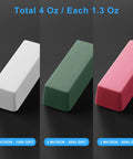 Triple bar metal polishing kit with 4 oz total, featuring green, white, and red compounds for leather strops and buffing wheels