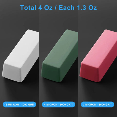 Triple bar metal polishing kit with 4 oz total, featuring green, white, and red compounds for leather strops and buffing wheels