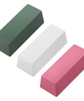 Triple bar metal polishing kit with 4 oz total, featuring green, white, and red compounds for leather strops and buffing wheels