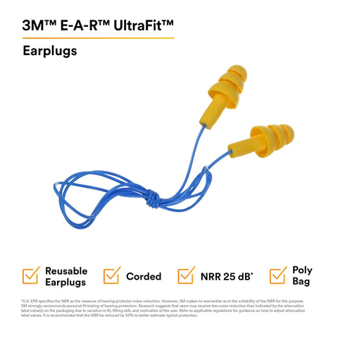 E A R UltraFit Corded Ear Plugs Premolded Triple Flange, yellow, with blue cord, ideal for noise reduction in industrial work.
