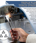 Hand using triple flint torch striker from Comprehensive 22 Piece Welding Accessories Kit in a workshop.