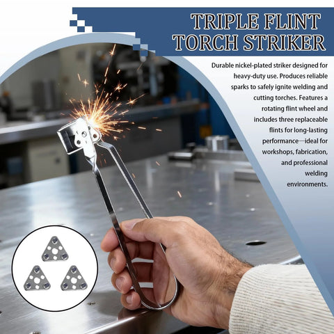 Hand using triple flint torch striker from Comprehensive 22 Piece Welding Accessories Kit in a workshop.