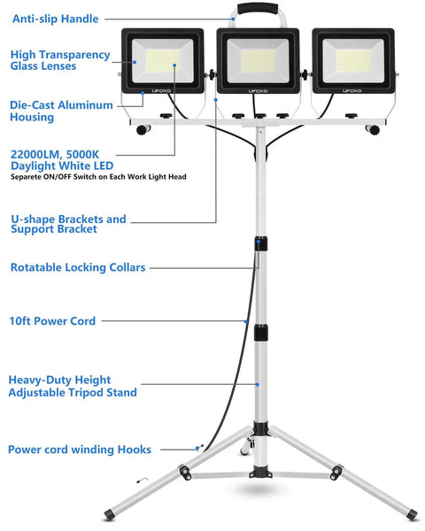 Ultra Bright 22000 Lumen LED Work Light With Stand, 3 Head Portable Work Lamps With Independent Switches, Waterproof Tripod