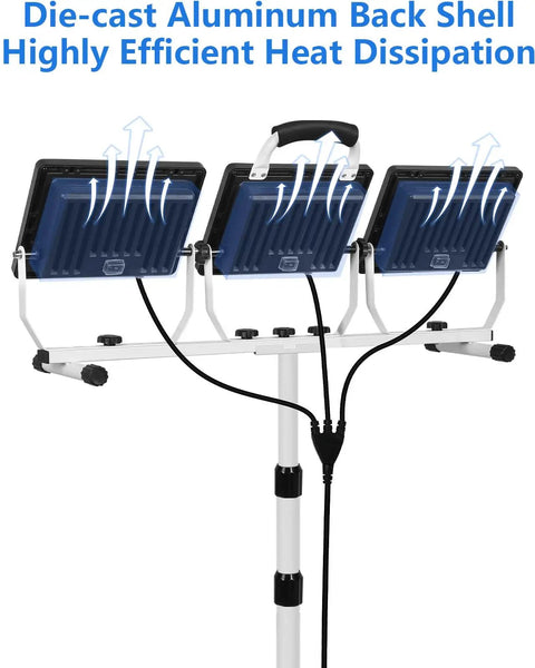 Back view of Ultra Bright 22000 Lumen LED Work Light With Stand, showing die-cast aluminum shell and heat dissipation.
