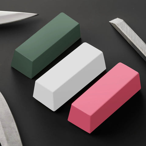 Triple bar metal polishing kit with 4 oz total, featuring green, white, and red compounds for leather strops and buffing wheels.