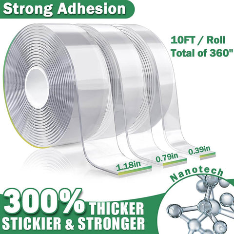 Three Rolls Heavy Duty Double Sided Tape Set With Nano Adhesive, 360 Inches Total Length, Clear Removable Mounting Tape In Three Widths 1.18 Inches, 0.79 Inches And 0.39 Inches For Walls, Posters, Rugs And Pictures