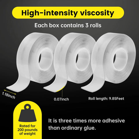Three Pack Heavy Duty Double Sided Tape 3cm Wide Nano Mounting Tape Clear Removable displayed as 3 rolls with measurements