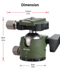 DSLR Camera Tripod Ball Head 38mm With 360 Degree Swivel U Shaped Groove Design in green with dimension markings