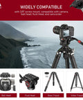 Camera on tripod with 75mm Bowl Adapter With Retractable Handle And Aluminum Alloy Half Ball Leveling Base Three Eighths Inch Mounting Screw Level Bubble And Gravity Hook For Tripods Ball Heads And Fluid Heads Premium Anodized Finish