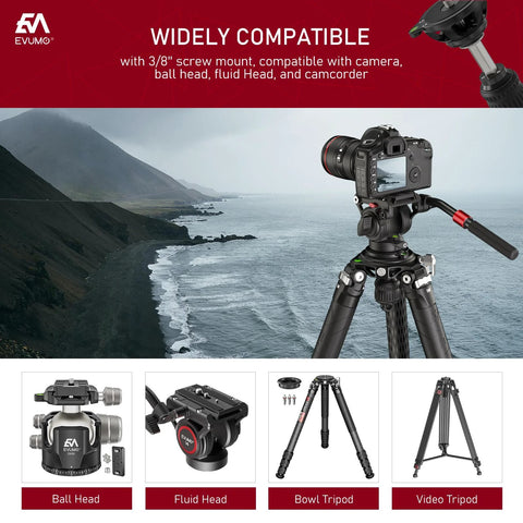 Camera on tripod with 75mm Bowl Adapter With Retractable Handle And Aluminum Alloy Half Ball Leveling Base Three Eighths Inch Mounting Screw Level Bubble And Gravity Hook For Tripods Ball Heads And Fluid Heads Premium Anodized Finish