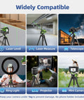 Grid showing compatible uses of a lightweight 60 inch aluminum tripod for indoor use with devices like laser levels and cameras.