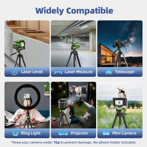 Grid showing compatible uses of a lightweight 60 inch aluminum tripod for indoor use with devices like laser levels and cameras.
