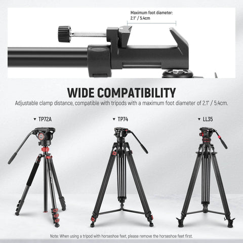 Photography Tripod Dolly with adjustable clamp, compatible with tripods up to 2.7" foot diameter and models TP72A, TP74, LL35