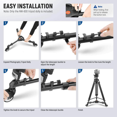 Installation guide for ✝️ Photography Tripod Dolly, Heavy Duty 50lbs Capacity Tripod Wheels with 3" Rubber Wheels for DSLR Cameras.