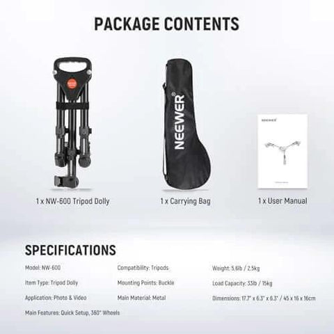 Packaging contents of ✝️ Photography Tripod Dolly, Heavy Duty 50lbs Capacity Tripod Wheels with carrying bag and user manual