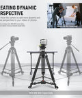 Creating dynamic perspective with heavy-duty tripod dolly wheels for smooth movement in photography setups.