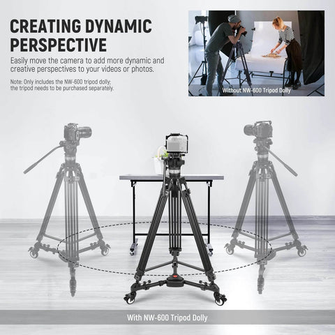 Creating dynamic perspective with heavy-duty tripod dolly wheels for smooth movement in photography setups.