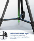 Detailed view of lightweight 60 inch aluminum tripod for indoor use with smooth 3-Way pan head and central pipe extension.