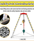 Heavy Duty Confined Space Rescue Tripod Kit With Fall Arrester Self Locking Winch And Safety Harness Emergency Rescue System for Pipe Repair and Sewer Cleaning 10M Fall Arrestor 1800Lbs Capacity, showing anti-slip feet and protection chains.