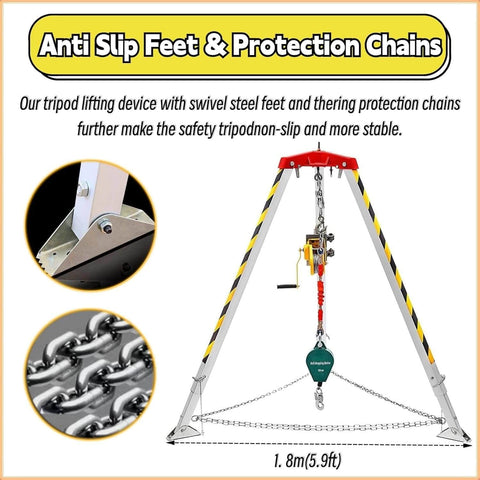 Heavy Duty Confined Space Rescue Tripod Kit With Fall Arrester Self Locking Winch And Safety Harness Emergency Rescue System for Pipe Repair and Sewer Cleaning 10M Fall Arrestor 1800Lbs Capacity, showing anti-slip feet and protection chains.