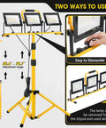 21000 Lumen LED Work Light With Stand 3 Head Portable Tripod Light With 16 Foot Cord IP66 Waterproof shown with adjustment and features