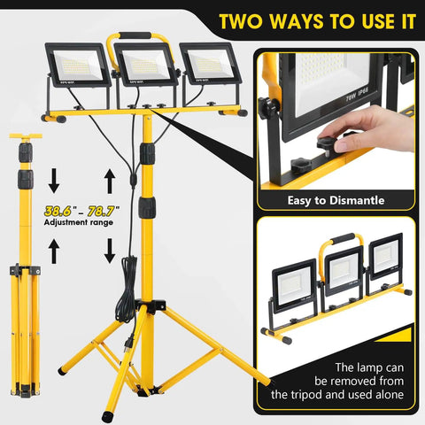 21000 Lumen LED Work Light With Stand 3 Head Portable Tripod Light With 16 Foot Cord IP66 Waterproof shown with adjustment and features