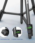 Close-up of lightweight 60 inch aluminum tripod for indoor use showing anti-skid rubber feet and 3-section tripod legs.