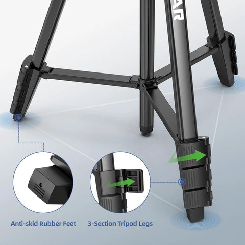 Close-up of lightweight 60 inch aluminum tripod for indoor use showing anti-skid rubber feet and 3-section tripod legs.