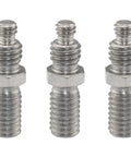 Three iron One Quarter To Three Eighths Inch Tripod Screw Adapter Set for Camera Accessories, dual threads, front view.