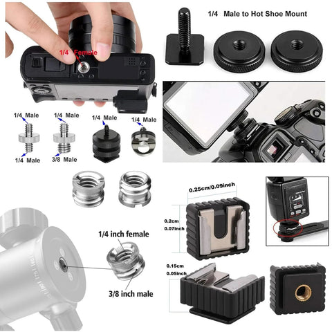 30 Pack Tripod Screw Mount Kit With 1/4 Inch To 3/8 Inch Threaded Adapters And Quick Release Screws, various sizes and uses shown.